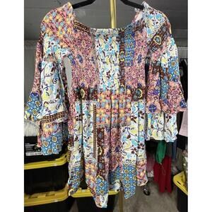 Illa Illa Women’s Dress Multicolor Patchwork Bell Layered Sleeve Boho Peasant Sm